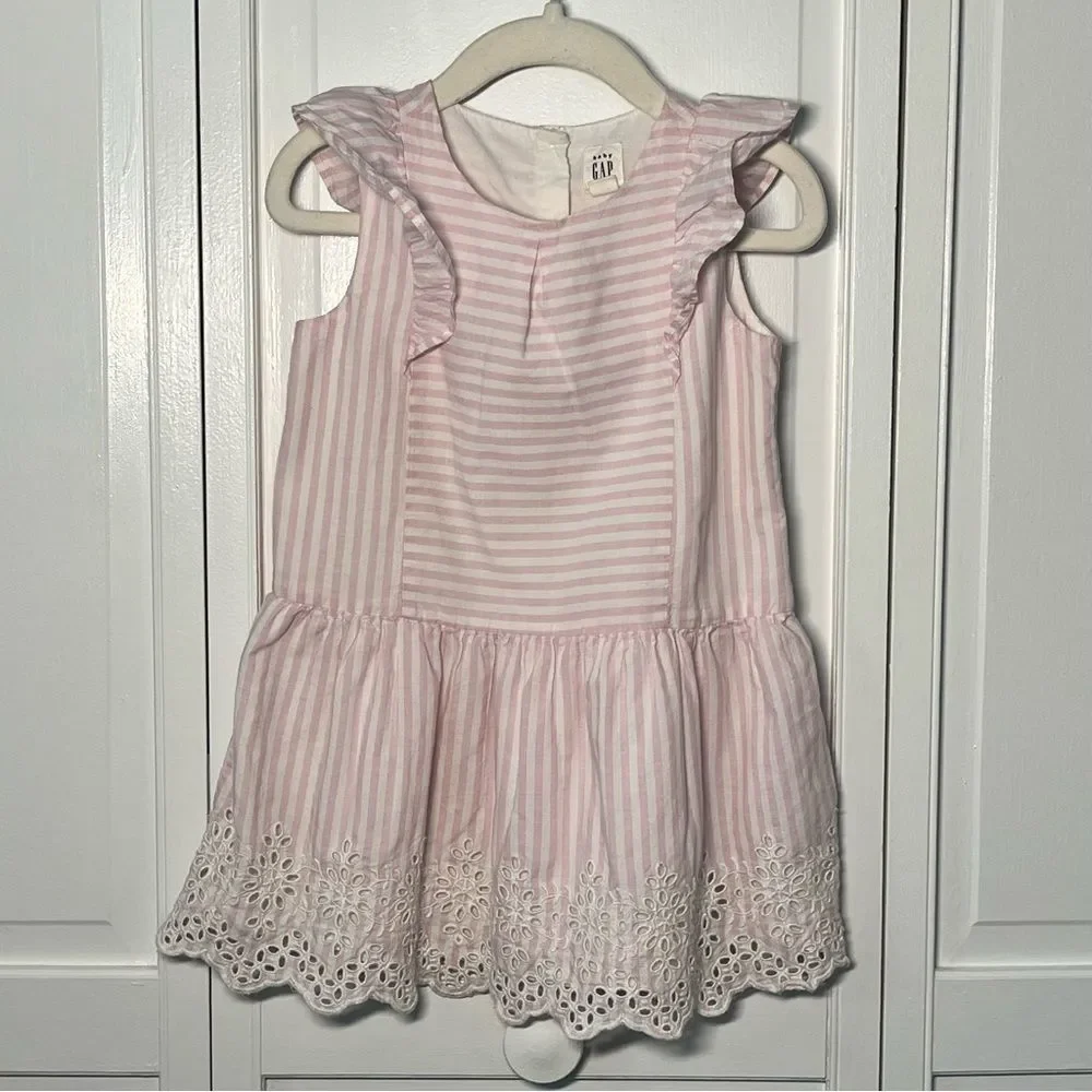 GAP Kids Girls Size 3T Pink White Stripe Eyelet Hem Cotton Ruffle Dress Lined